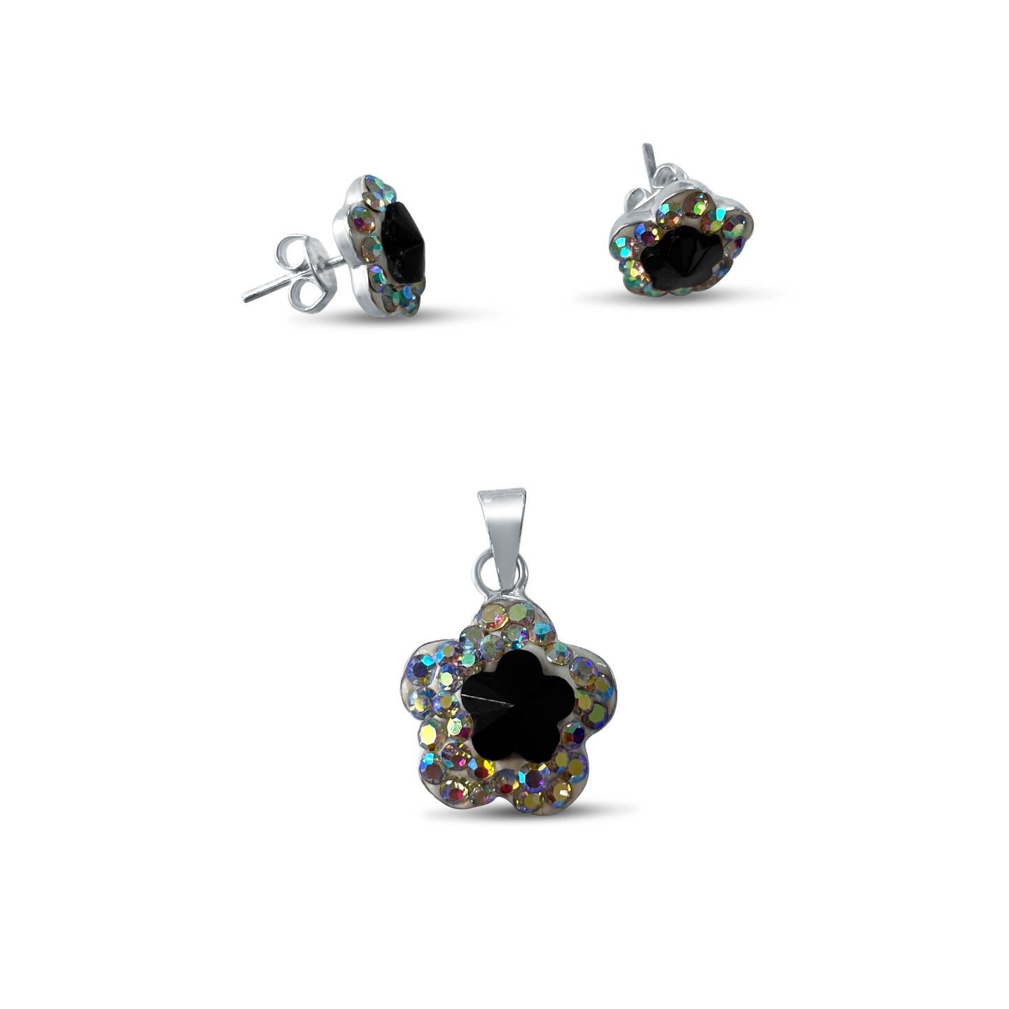 Set Juego Flor Brillos Artesanal Negro– plata mexicana 925