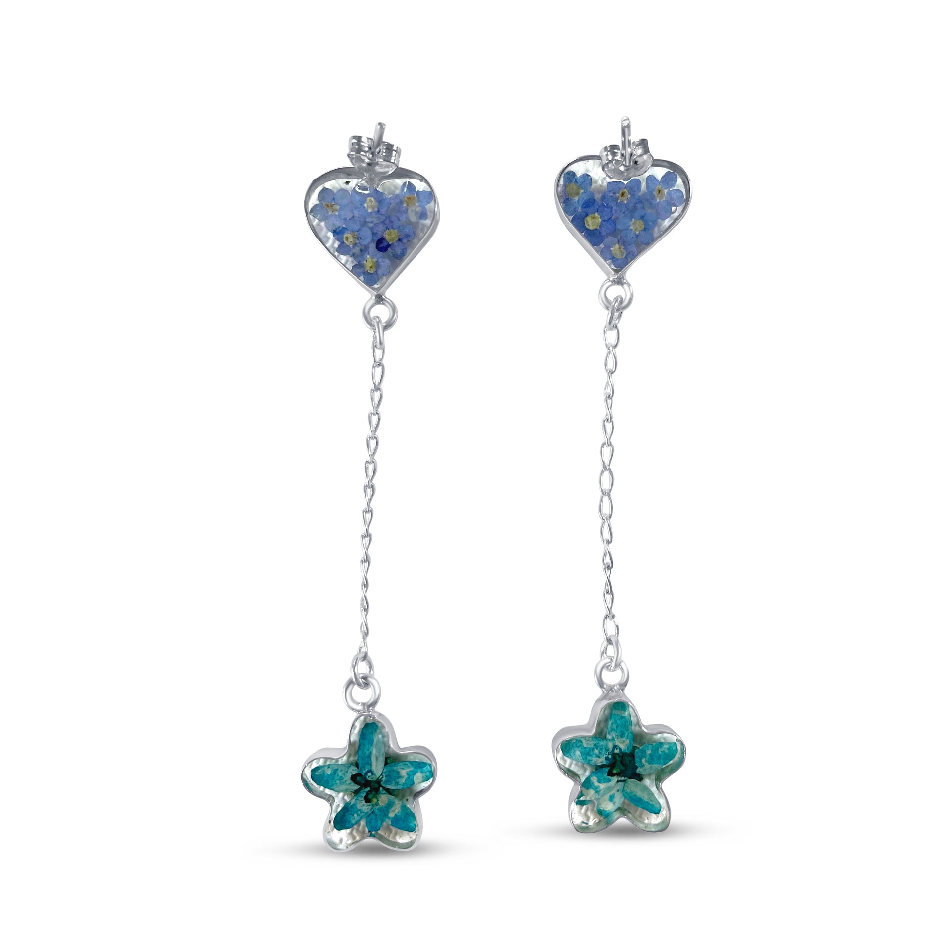 Pendientes Doble– Plata Mexicana 925 y Flores Reales Encapsuladas