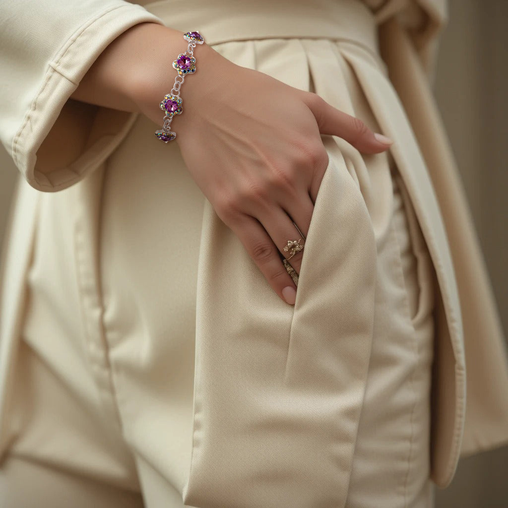 Lila handgefertigtes Glitzerarmband – 925er mexikanisches Silber