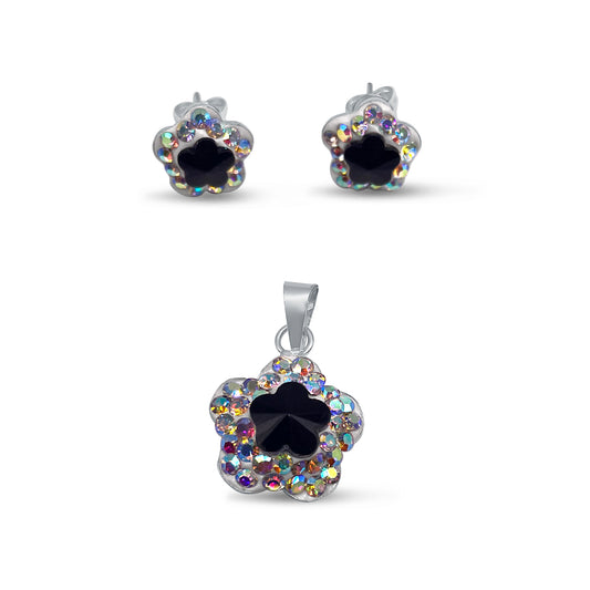 Set Juego Flor Brillos Artesanal Negro– plata mexicana 925