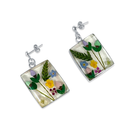 Pendientes Rectangulares Artesanales | Plata Mexicana 925 | Flores Reales